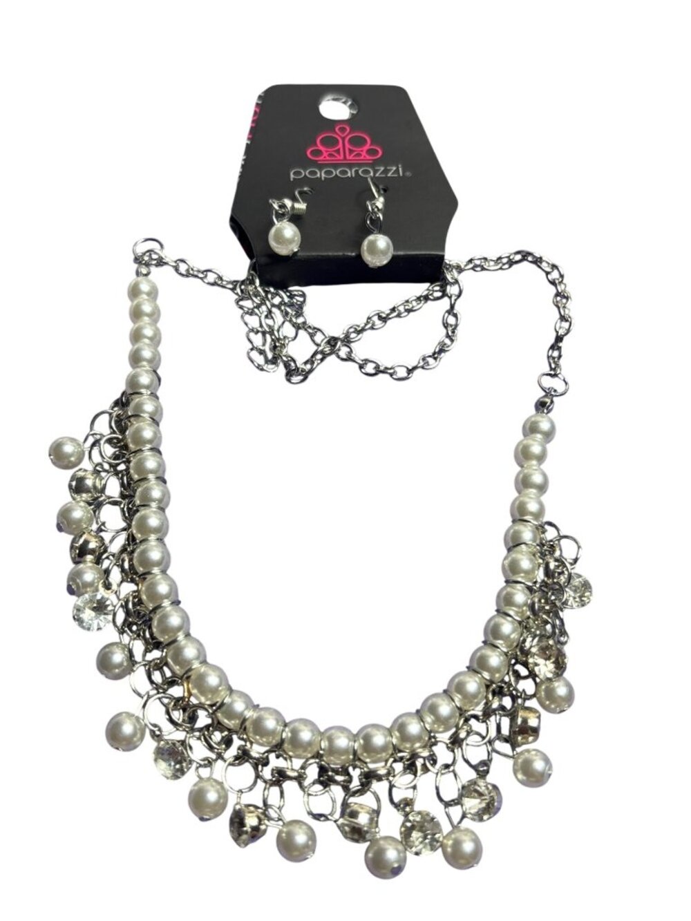 Paparazzi Plastic Faux Pearl Rhinestone Silvertone Beaded Necklace Earrings Set